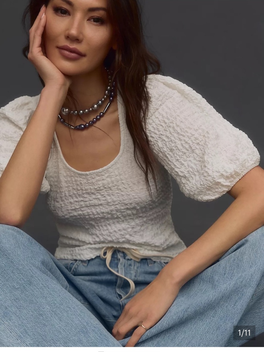 Anthropologie white Textured Puff-Sleeve Scoop Top medium